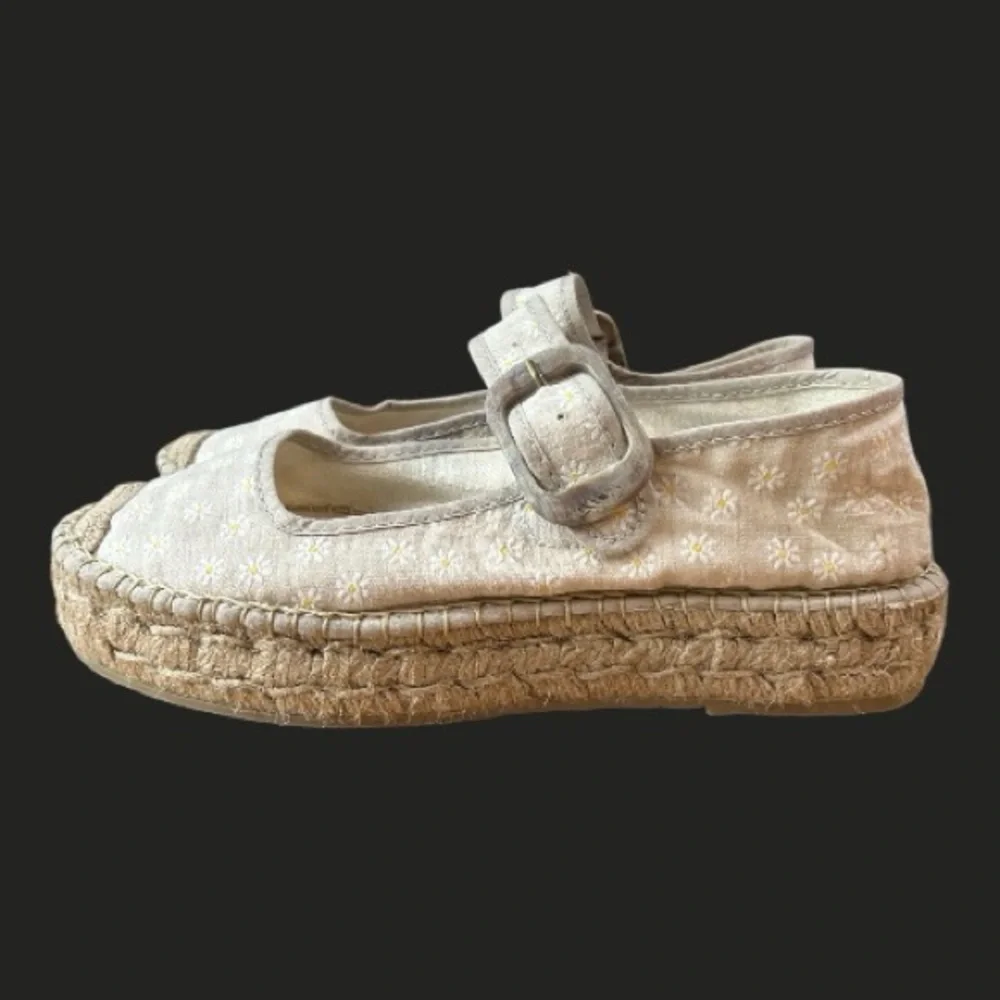 Free People Cream Espadrille Mary Janes with White Floral Embroidery